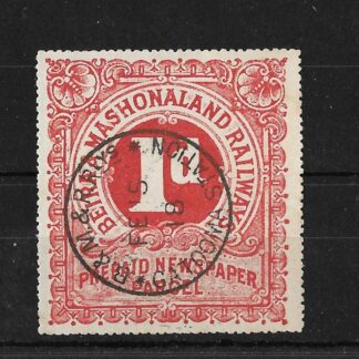 Rhodesia One Penny BEIRA & MASHONALAND RAILWAYS prepaid newspaper stamp with Gatooma B&M R Railways postmark