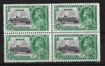 Malta 1935 GV Silver Jubilee Halfpenny block with extra Flagstaff flaw SG 210a u/mint