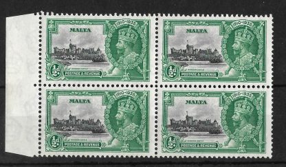 Malta 1935 GV Silver Jubilee Halfpenny block with short extra Flagstaff flaw SG 210b u/mint