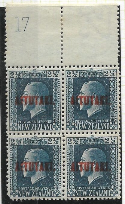 Cook Islands Aitutaki 1917 GV Two and a Halfpence SG 15 Plate block u/mint