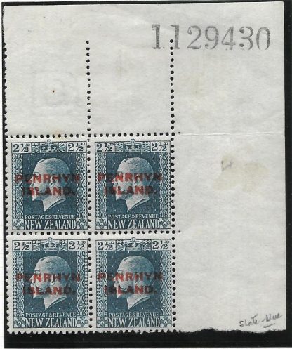 Penrhyn Island 1917 GV Two and a Halfpence block with sheet no SG 24 u/mint