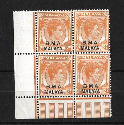 Malaya BMA 1946 Two cents corner marginal block SG 3 u/mint