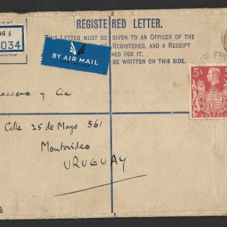 GB 1944 large registered censored cover to Uruguay