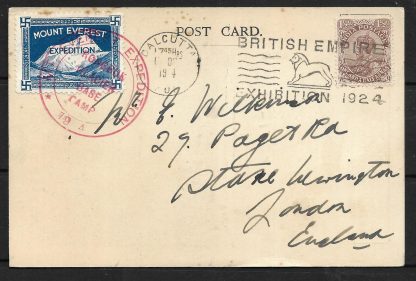 India Mount Everest Expedition 1924 Post Card with label and signed by Captain JBL Noel