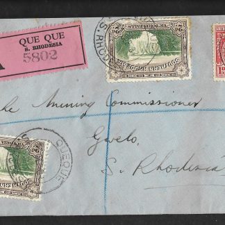 Rhodesia 1937 Registered cover from Que Que to Gwelo