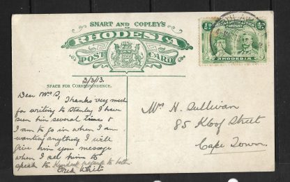 Rhodesia 1913 Victoria Falls Smart and Copley Post card with Halfpenny Double Head with Wedge Flaw - Image 2