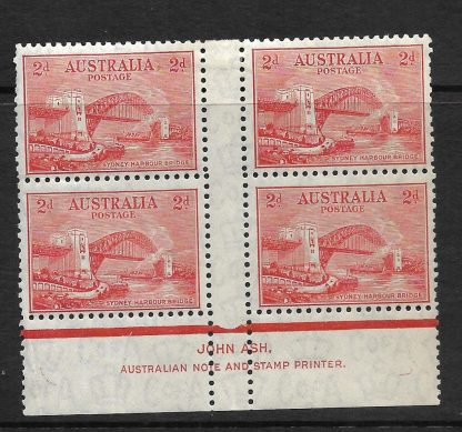 Australia 1932 Sydney Harbour Bridge Two Pence Imprint Block SG 144 mint