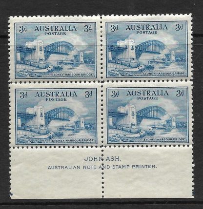 Australia 1932 Sydney Harbour Bridge Three Pence Imprint Block SG 142 mint
