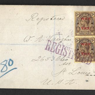 Turks & Caicos Islands 1919 War Tax registered cover to USA