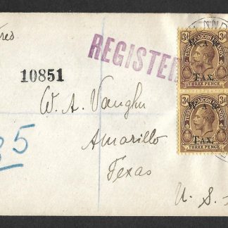 Turks & Caicos Islands 1920 War Tax registered cover to USA