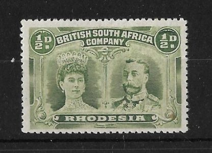 Rhodesia Double Head Halfpenny Bronze Green with Wedge Flaw Re-touch mint