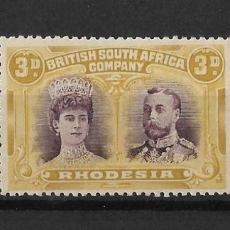 Rhodesia Double Head Three Pence Purple and Ochre with Gash in Ear flaw SG 134 mint