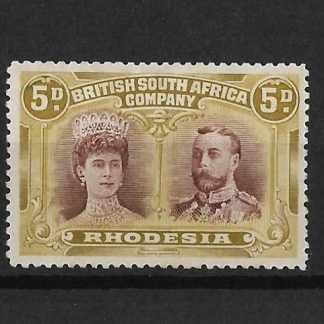 Rhodesia Double Head Five Pence Purple-Brown and Olive-Yellow with Gash in Ear flaw SG 141a mint