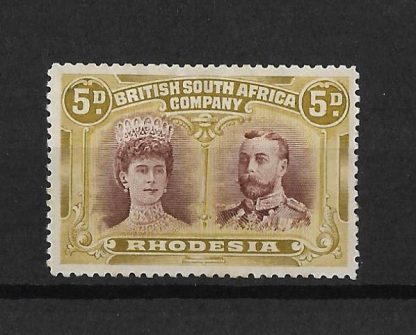 Rhodesia Double Head Five Pence Purple-Brown and Olive-Yellow with Gash in Ear flaw SG 141a mint