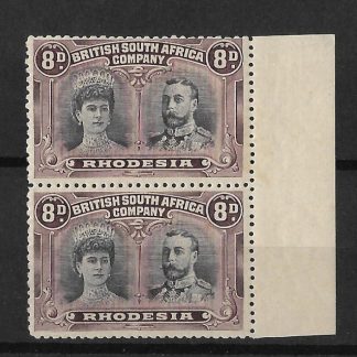 Rhodesia Double Head Eight Pence Black and Purple marginal pair p13½ SG 185 unmounted mint