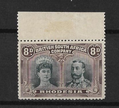 Rhodesia Double Head Eight Pence Greenish Black and Purple with Gash in Ear Flaw SG 148 unmounted mint
