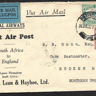 South Africa 1932 Air Mail crash cover from Petersburg to Broken Hill North Rhodesia