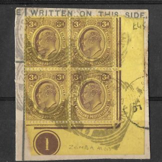 Nyasaland 1908 EVII Three Pence Plate block on piece with Zomba postmark