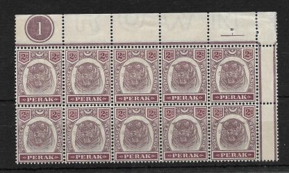 Malaya/Perak 1895 Two Cents Tiger plate block  SG 67 unmounted mint