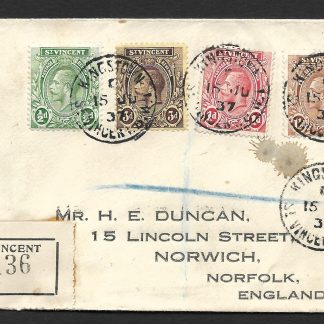 St Vincent 1937 GV Registered cover to England 1/4 1/2p rate used