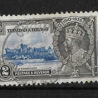Trinidad and Tobago 1935 Silver Jubilee Two Cents with extra flagstaff flaw SG 239a good used