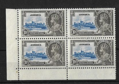 Jamaica 1935 GV Silver Jubilee One and a Halfpence block with extra flagstaff flaw SG 115a mint