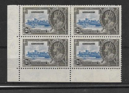 Gibraltar 1935 GV Silver Jubilee Two Pence block with extra flagstaff flaw SG 114a mint