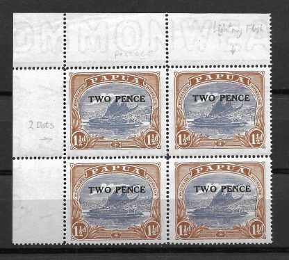 Papua 1931 Two Pence on One and a Halfpence block with three flaws SG 122a unmounted mint