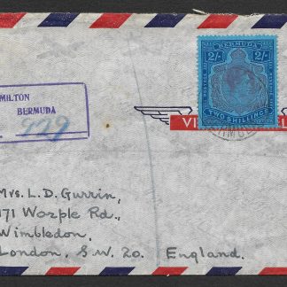 Bermuda GVI Two Shillings Key Plate used on Registered Airmail cover to England