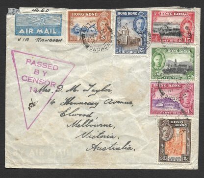 Hong Kong 1941 WWII Censored Airmail cover to Australia with Centenary set used