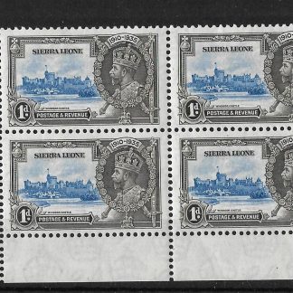 Sierra Leone 1935 GV Silver Jubilee One Penny corner block with extra flagstaff flaw SG 181a u/mint