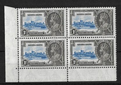 Sierra Leone 1935 GV Silver Jubilee One Penny corner block with extra flagstaff flaw SG 181a u/mint