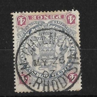 Rhodesia 1897 Four Pence Large Arms with a CHIENJI with year inverted (SC) postmark