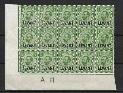 British Levant 1911 GV Halfpenny block with Plate A11 SG L12 unmounted mint