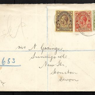 Turks and Caicos Islands 1918 Registered WWI War Tax cover to England
