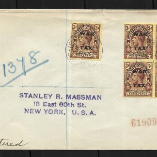 Turks and Caicos Islands 1918 Registered WWI War Tax cover to USA