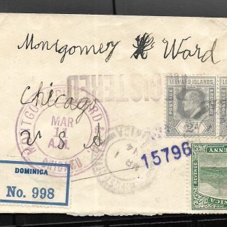 Dominica 1914 with pair of Leeward Islands EVII Two Pence on registered cover to USA