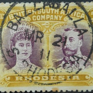 Rhodesia Double Three Pence with BALLABALLA jet black ink (Skeleton) postmark
