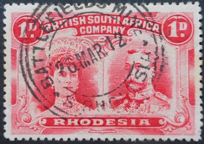 Rhodesia Double Head One Penny with BATTLEFIELDS MINE Broken 2 in day (TC) postmark