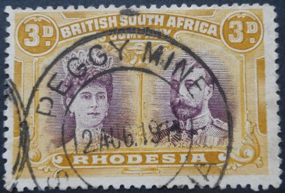 Rhodesia Double Three Pence with PEGGY MINE (DC) postmark