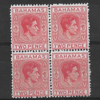 Bahamas 1938 GVI Two Pence Scarlet block with Short T flaw SG 152ba unmounted mint