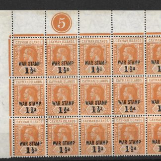 Cayman Islands 1919 GV War Stamp Two and a Half Cents plate block SG 59 unmounted mint