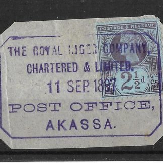 Niger Company Territories 1897 Two and Halfpence with AKASSA postmark on piece Z32