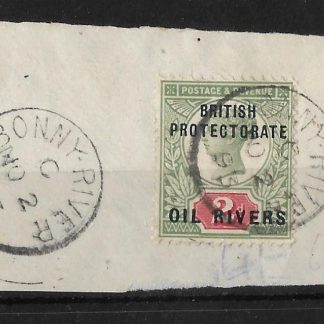 Niger Coast Oil Rivers 1892 QV Two Pence SG 3 on piece with Bonny River postmark