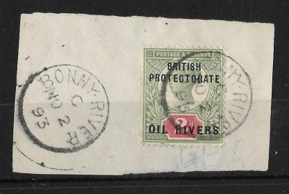 Niger Coast Oil Rivers 1892 QV Two Pence SG 3 on piece with Bonny River postmark