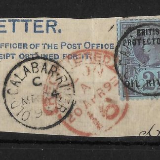 Niger Coast Oil Rivers 1892 QV Two and Halfpence SG 4 on piece with Old Calabar postmark