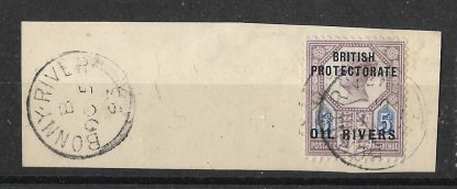 Niger Coast Oil Rivers 1892 QV Five Pence SG 5 on piece with a Bonny River postmark