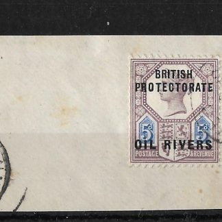 Niger Coast Oil Rivers 1892 QV Five Pence pair SG 5 on piece with a Bonny River postmark