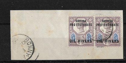 Niger Coast Oil Rivers 1892 QV Five Pence pair SG 5 on piece with a Bonny River postmark