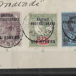 Niger Coast Oil Rivers 1892 QV Halfpenny to Five Pence on piece with Old Calabar River postmark